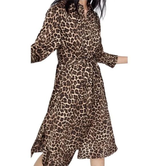 Zara Cheetah Leopard Faux Wrap Shirt Dress Women’s M Animal Print - Picture 1 of 16
